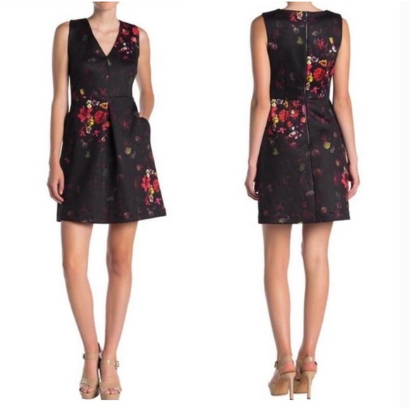 Sam Edelman Dresses & Skirts - SAM EDELMAN Black Pink Yellow Floral Print A-Line Dress with Pockets Size 6